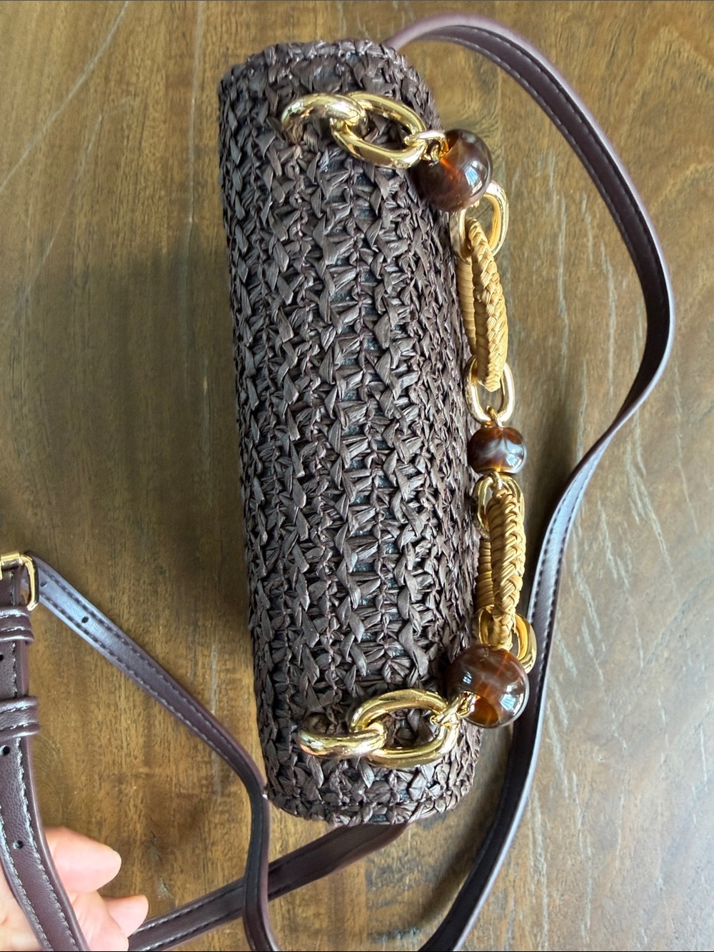 Chocolate Brown Woven Crossbody with Resin Top Handle Gold Hardware - Picture 8 of 14